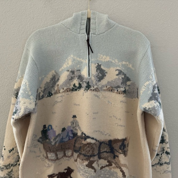 Ralph Lauren Vintage Sweater Sled Dog Scene Hooded Country Lambswool Hanknit 1X - Picture 3 of 11